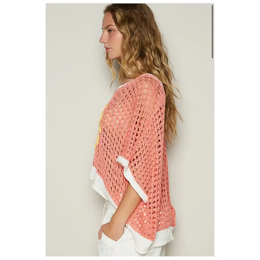 POL Flower Open Knit Crochet Sweater Daisy orange sz S - Picture 3 of 14